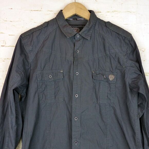 Dissident Shirt Mens L Gray Long Sleeve Button Military Utility Pockets Rock Y2K - Picture 3 of 12